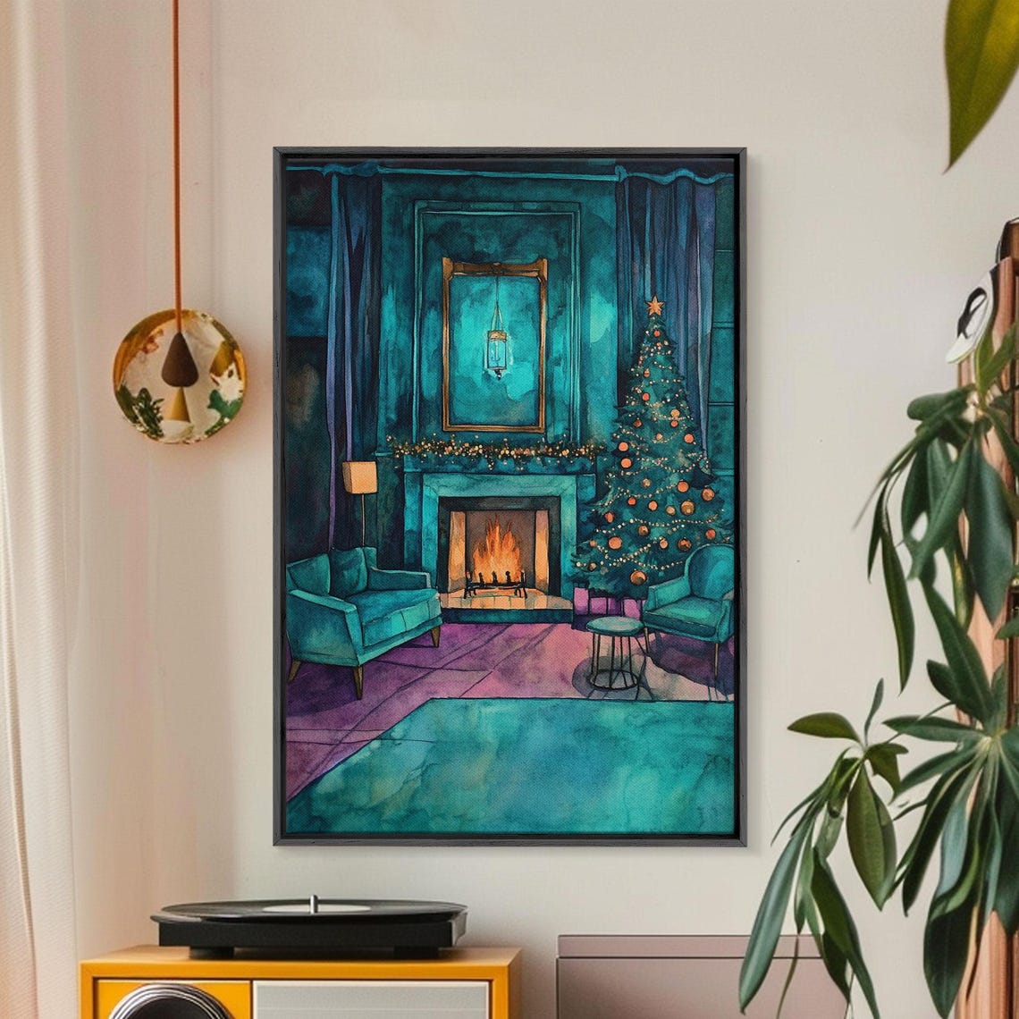 Elegant Teal Living Room With Christmas Tree And Fireplace Poster - Image 3