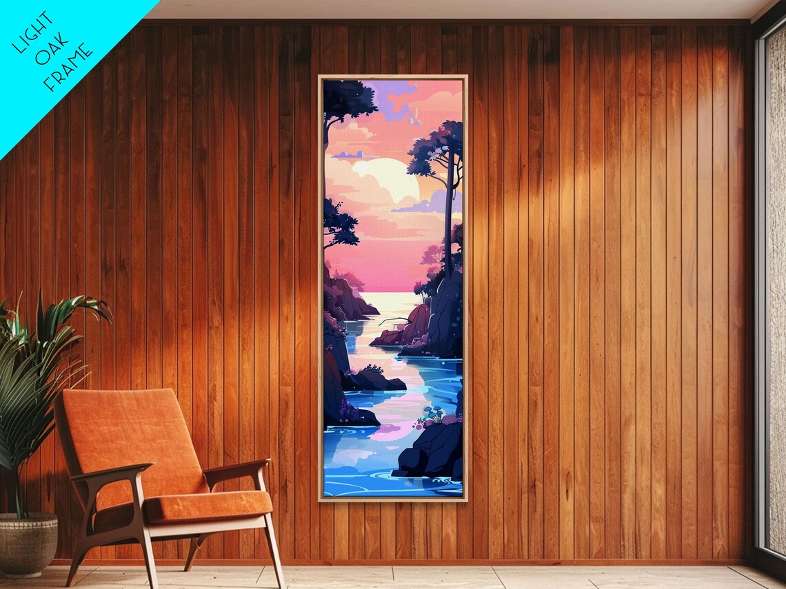 Serene Coastal Sunset Pastel Pink Blue Rocky Cove Tall Art Print - Image 3