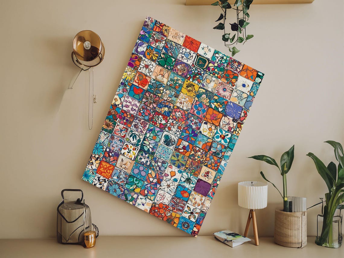 Colorful Floral Mosaic Squares Patchwork Boho Tile Art Print - Image 3