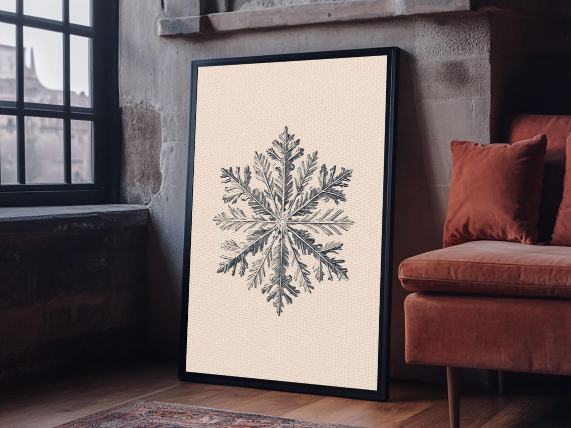 Intricate Snowflake Botanical Engraving Monochrome Winter Art Poster - Image 4
