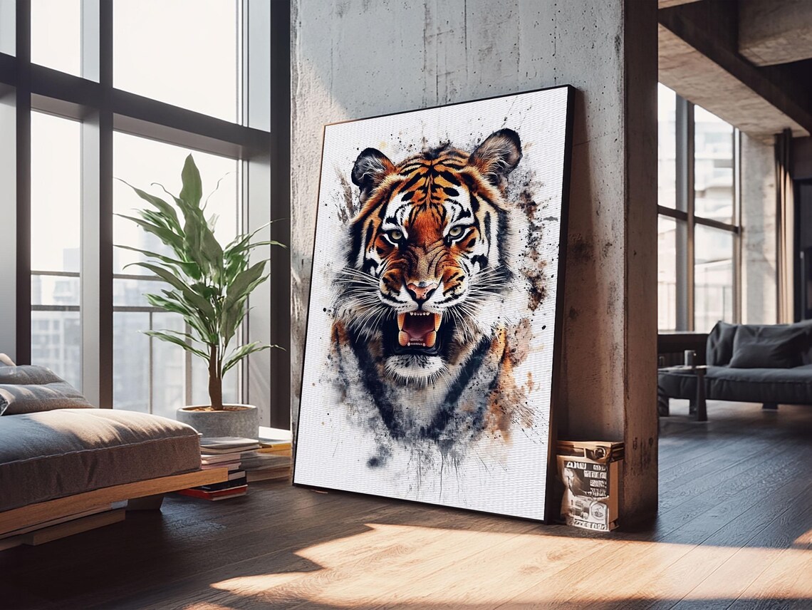 Tiger Portrait Snarling Wild Watercolor Splash Big Cat Jungle Art Poster - Image 3