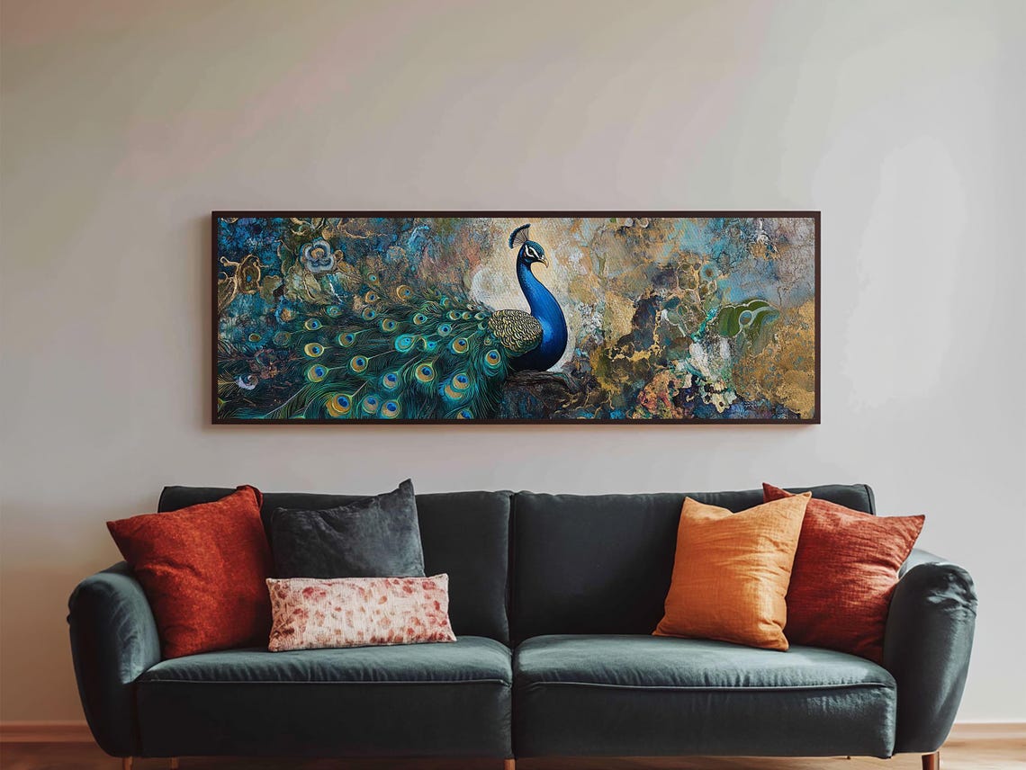Regal Peacock Mosaic Gold Panoramic Vintage Style Bird Wall Art Poster - Image 5