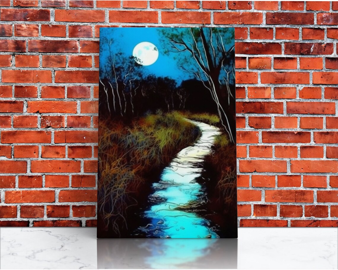 Spooky Full Moon Over Calm Stream Night Art Print - Image 3