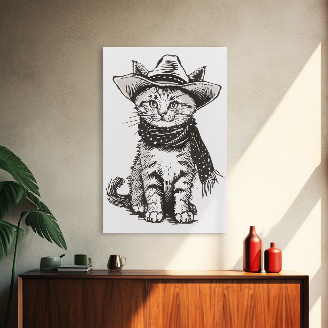 Cute Cowboy Kitten Polka Dot Bandana Vintage Sketch Wall Art Poster - Image 4