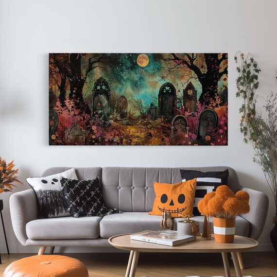 Cottagecore Haunted Graveyard Blooming Trees Full Moon Watercolor Halloween Print
