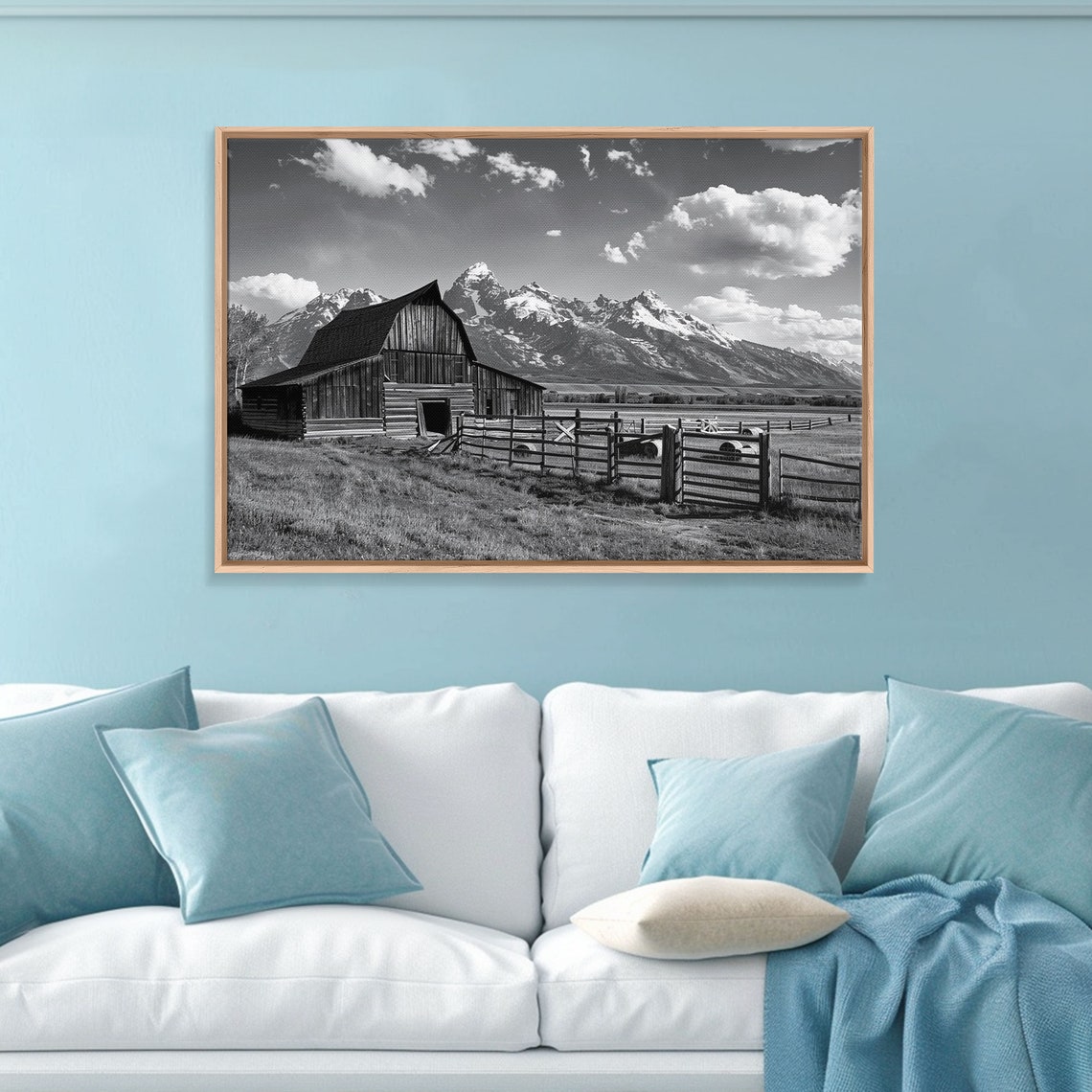 Old Barn Snowy Mountain Peaks Black White Farm Landscape Poster - Image 3