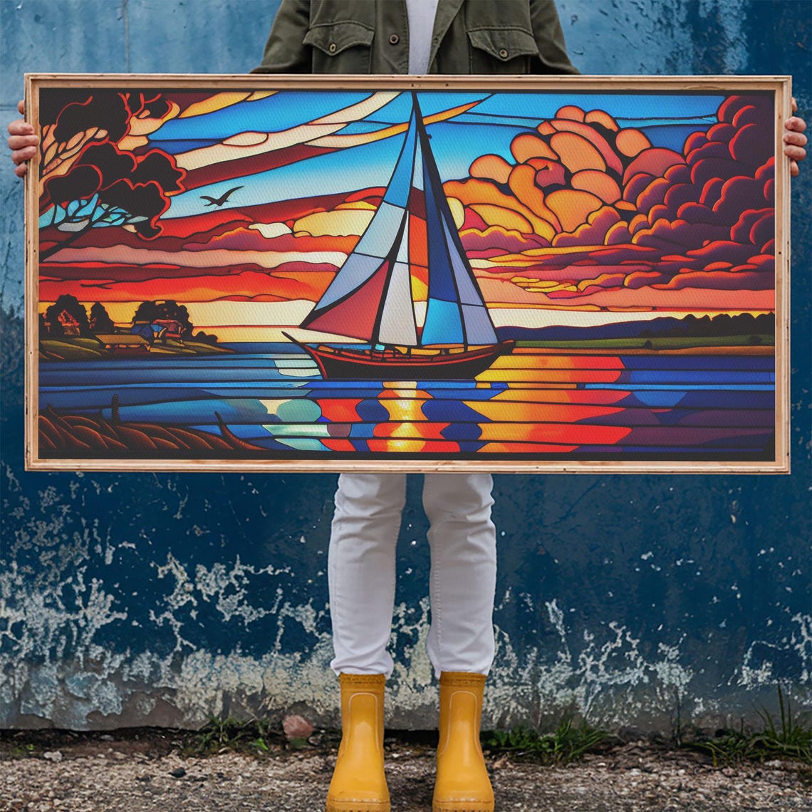Stained Glass Sailboat Sunset Vibrant Orange Red Blue Nautical Poster - Image 6