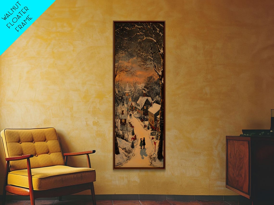 Snowy Village Street At Dusk Couple Strolling Winter Scene Poster - Image 2