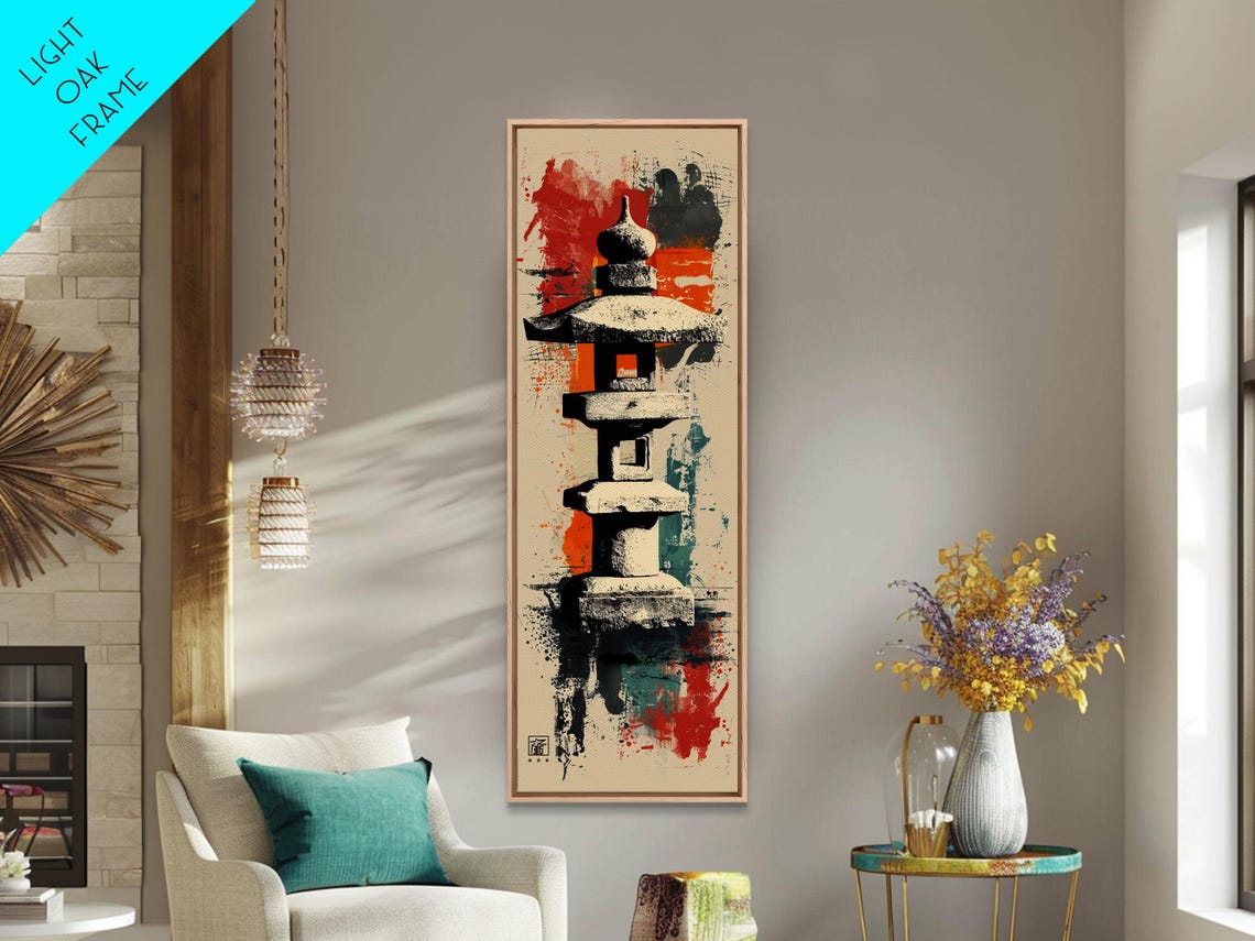 Zen Stone Lantern Skinny Art Tall Art Japanese Ukiyo E Inspired Framed Wall Art - Image 2