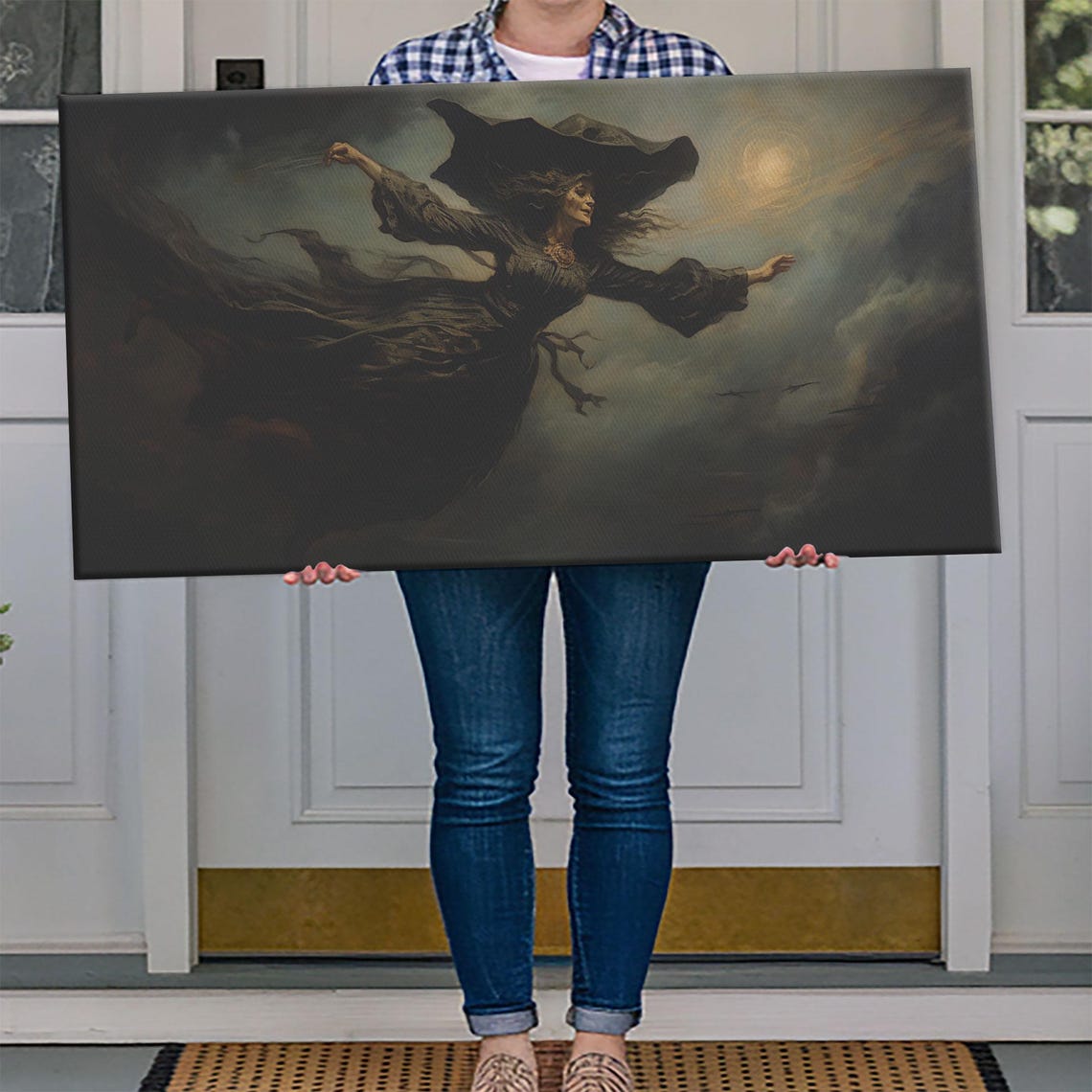 Witch Flying Through Storm Clouds Night Sky Dramatic Magic Art Poster - Image 4
