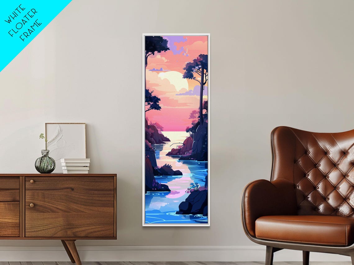 Serene Coastal Sunset Pastel Pink Blue Rocky Cove Tall Art Print - Image 2