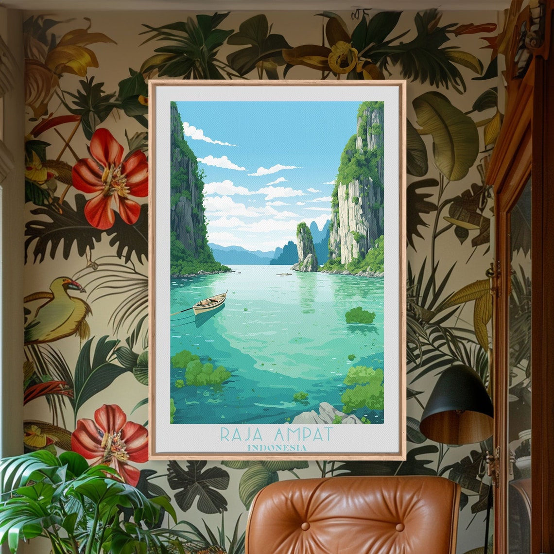 Raja Ampat Indonesia Turquoise Lagoon Karst Cliffs Boat Vintage Poster - Image 5