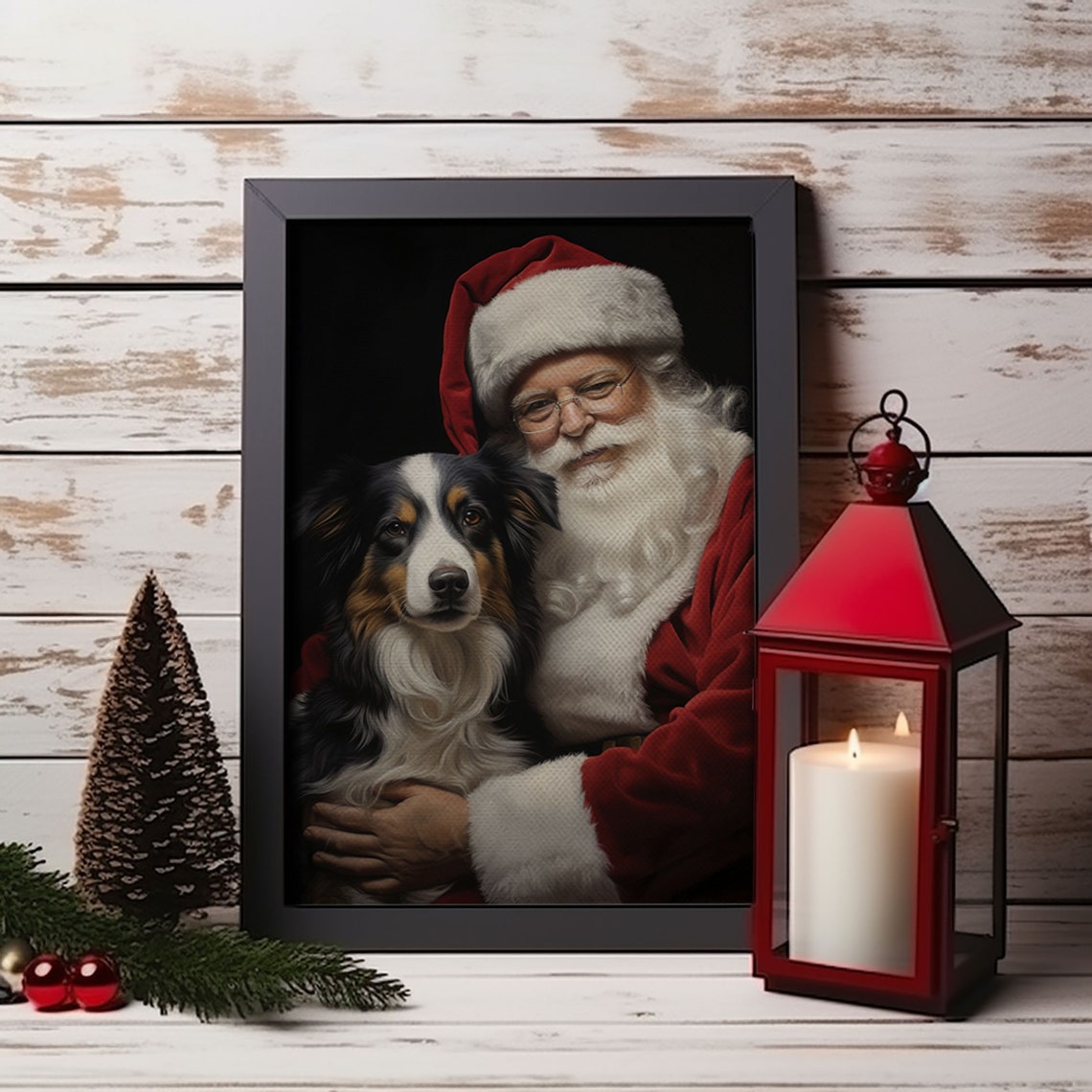 Santa Claus Hugging Australian Shepherd Christmas Dog Poster - Image 5
