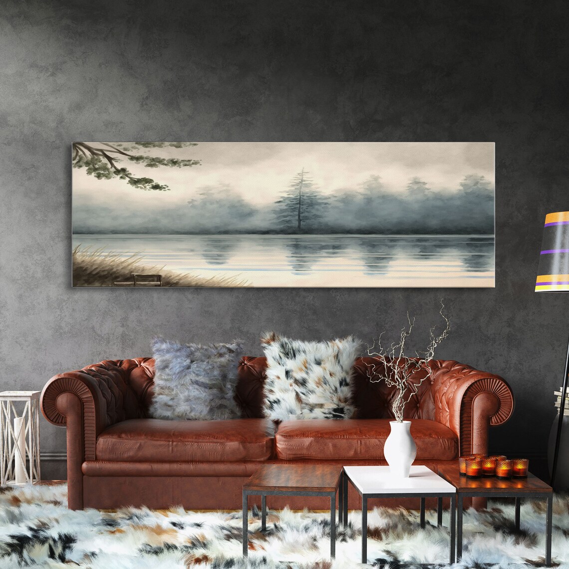 Misty Fog-Covered Lake And Pine Forest Panoramic Art Print - Image 3