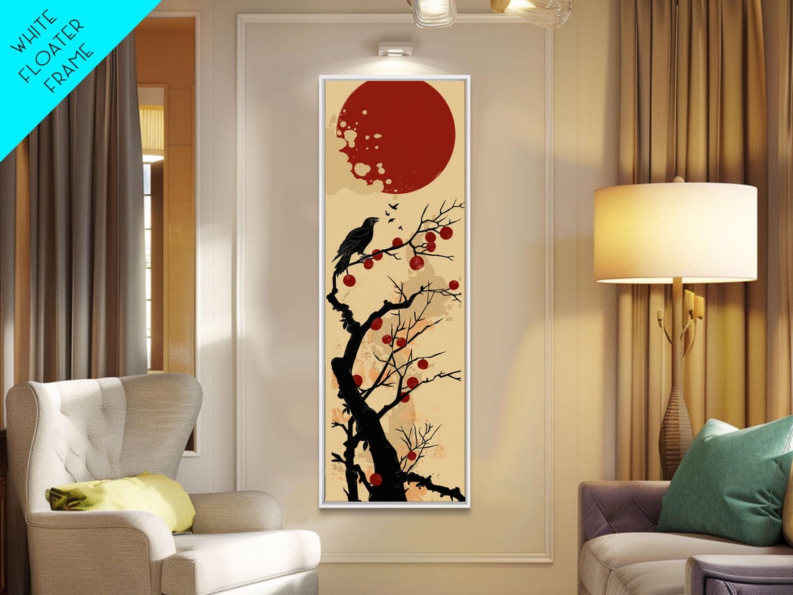 Blackbird On Branch Red Berries Red Sun Minimalist Art Poster