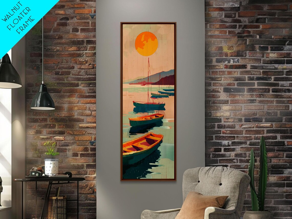 Rowboats And Golden Sun On Calm Water Skinny Art Wood Block Print Japanese Style Art Framed Print Tall Art Ukiyo E Art - Image 5
