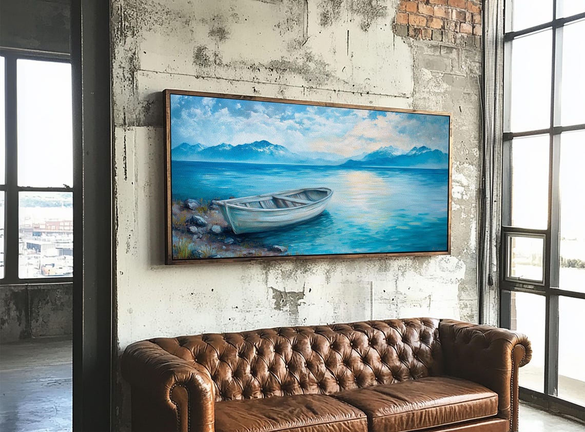 White Boat Turquoise Mountain Lake Blue Waters Coastal Wall Poster - Image 2
