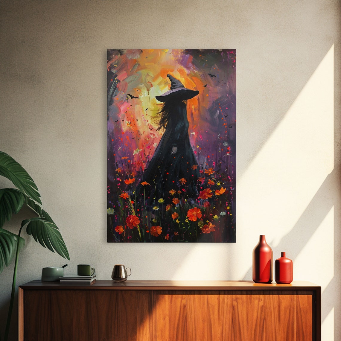 Witch Silhouette Sunset Wildflower Meadow Painterly Moody Art Poster - Image 4