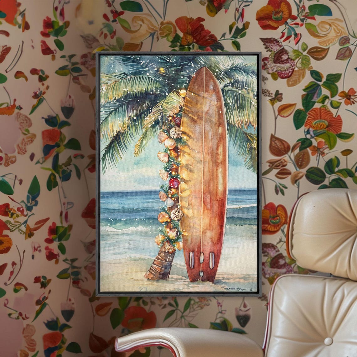 Christmas Surfboard With Garland And Seashells By Palm Tree Poster