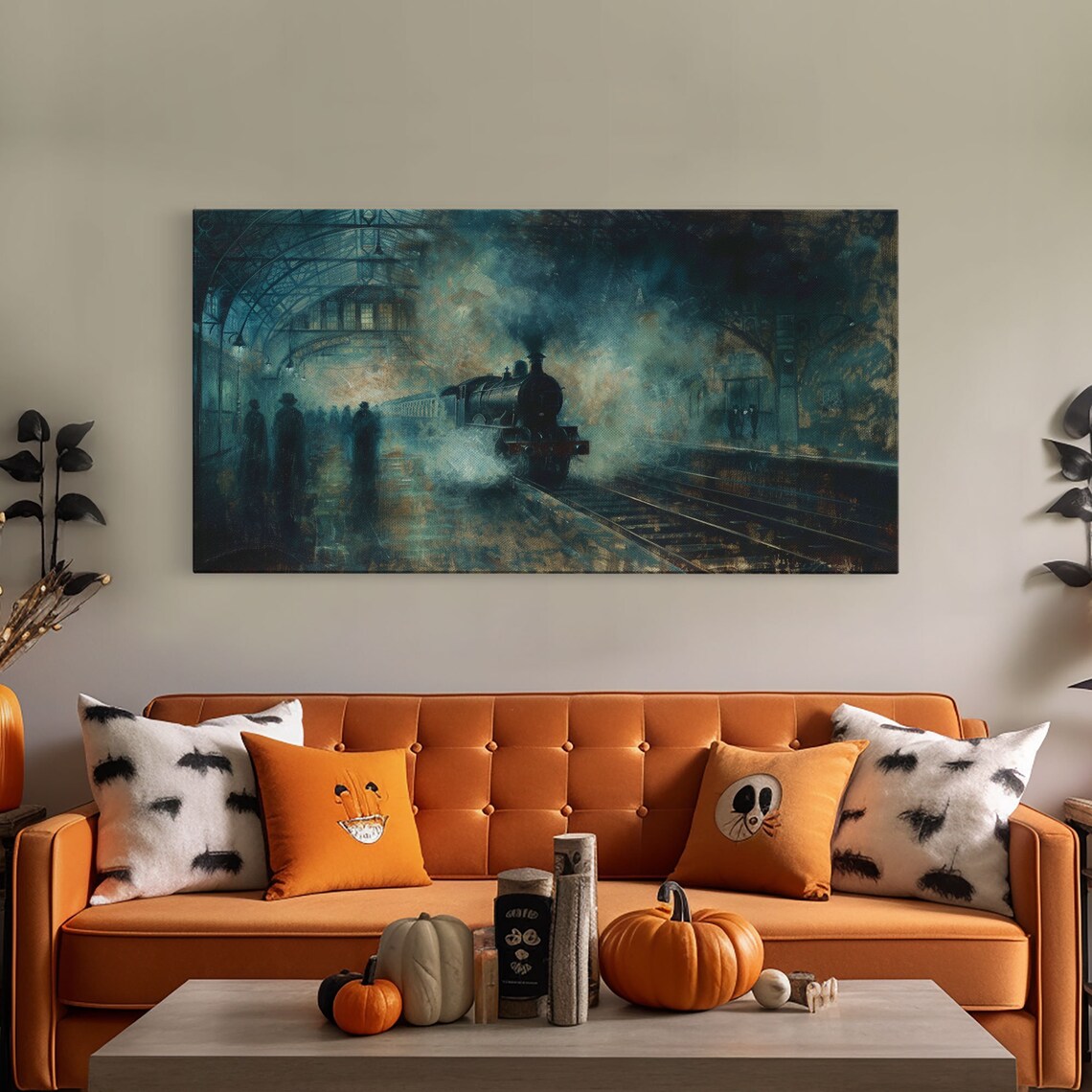 Haunted Steam Train Misty Victorian Station Night Spooky Halloween Wall Art - Image 4