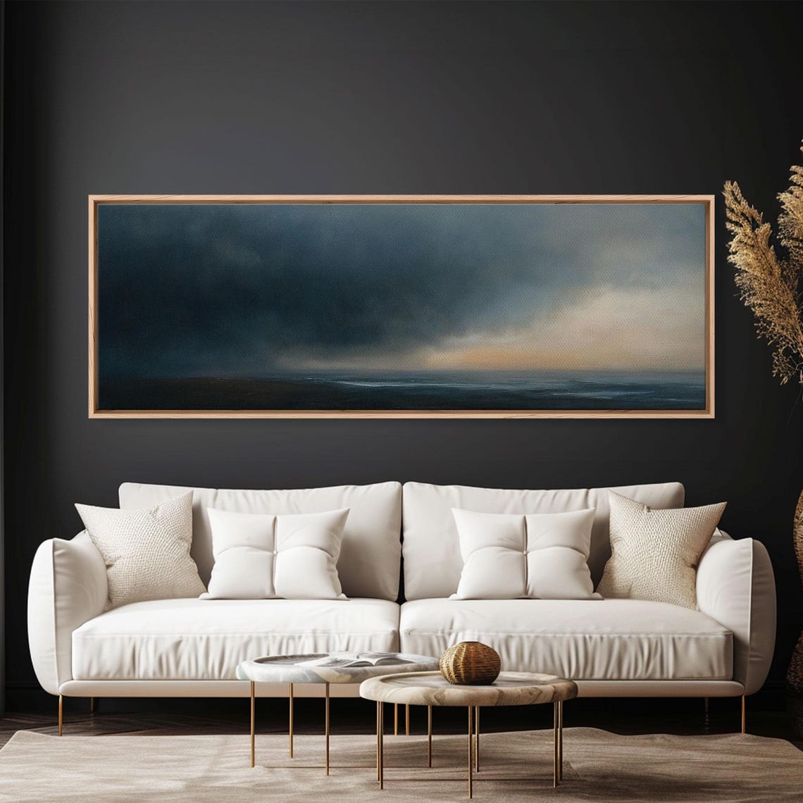 Framed Moody Wall Art Panoramic Seascape On A Stormy Day Dark Decor Cloudy Sky Art Above Bed Decor Above Sofa Painting - Image 5