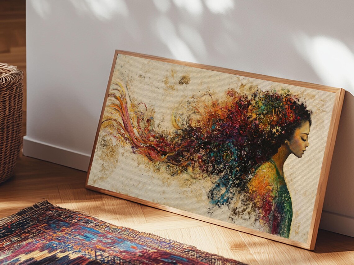 Woman Profile Hair Dissolving Into Colorful Swirls Abstract Art Poster