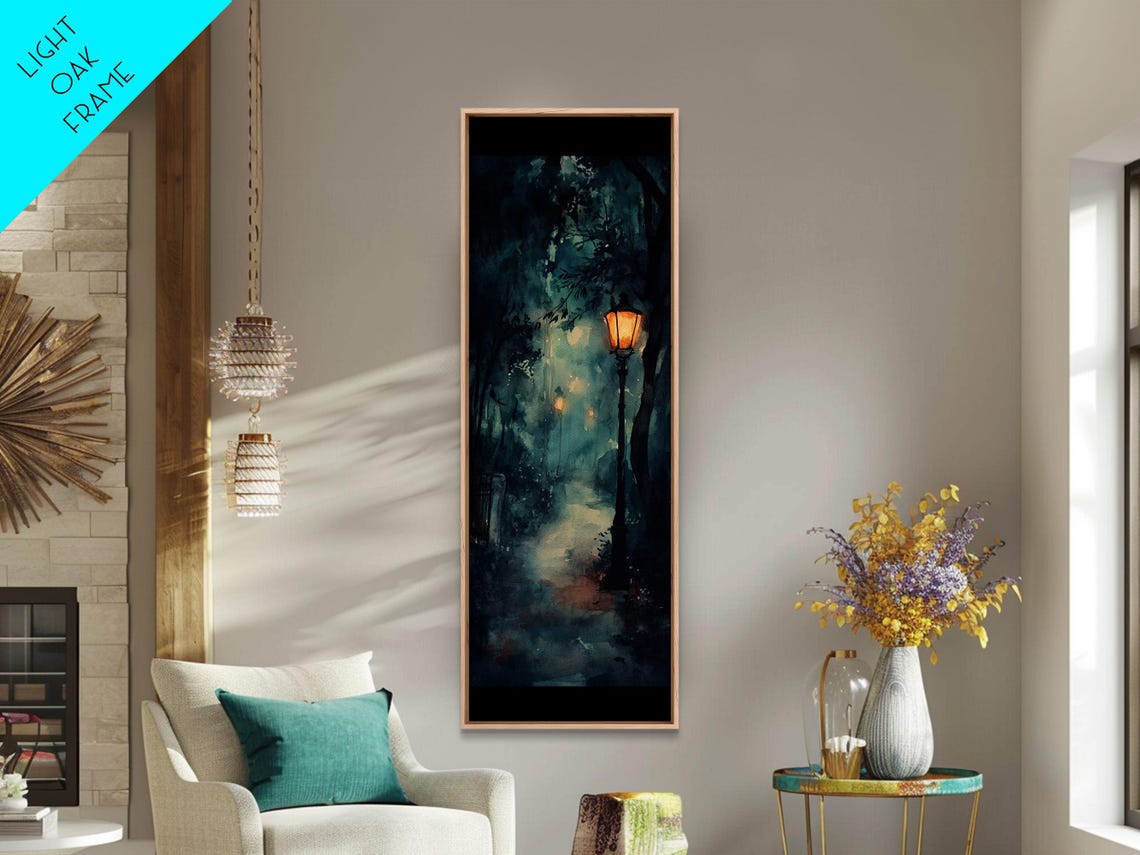 Moody Twilight Forest Walkway Glowing Lampposts Dark Art Wall Poster - Image 6