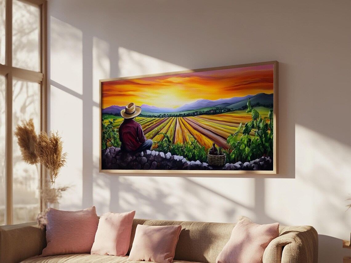 Farmer Straw Hat Overlooking Vineyard Rows Sunset Mexican Harvest Poster - Image 4