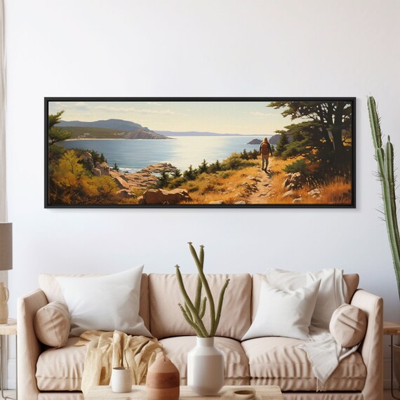 Acadia National Park Watercolor Hiker Coastal Trail Ocean View Poster