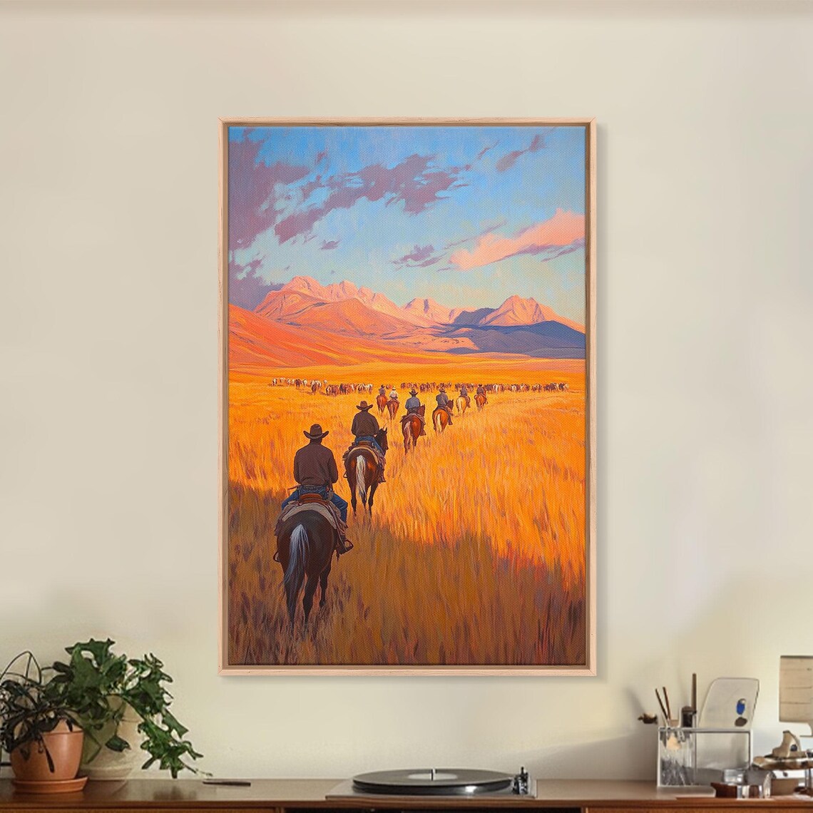 Cowboys Riding Golden Grassland Toward Mountains Sunset Poster - Image 2