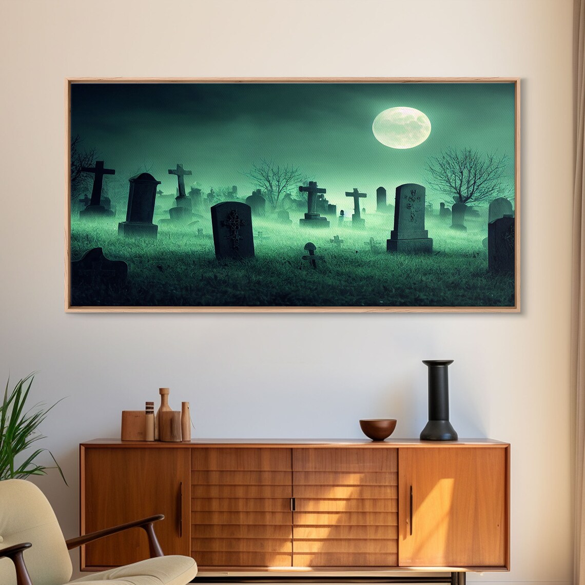 Full Moon Over A Haunted Cemetery At Night Art Print