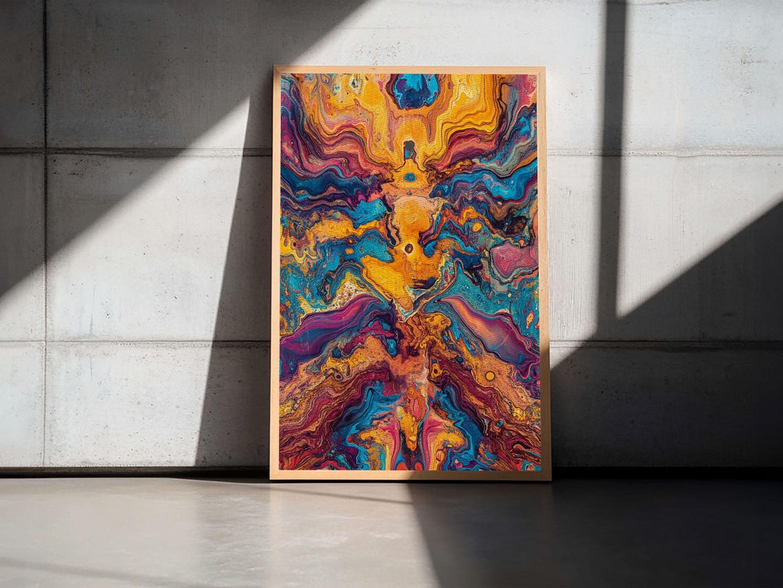 Vibrant Fluid Acrylic Pour Blue Orange Abstract Modern Art Print - Image 3
