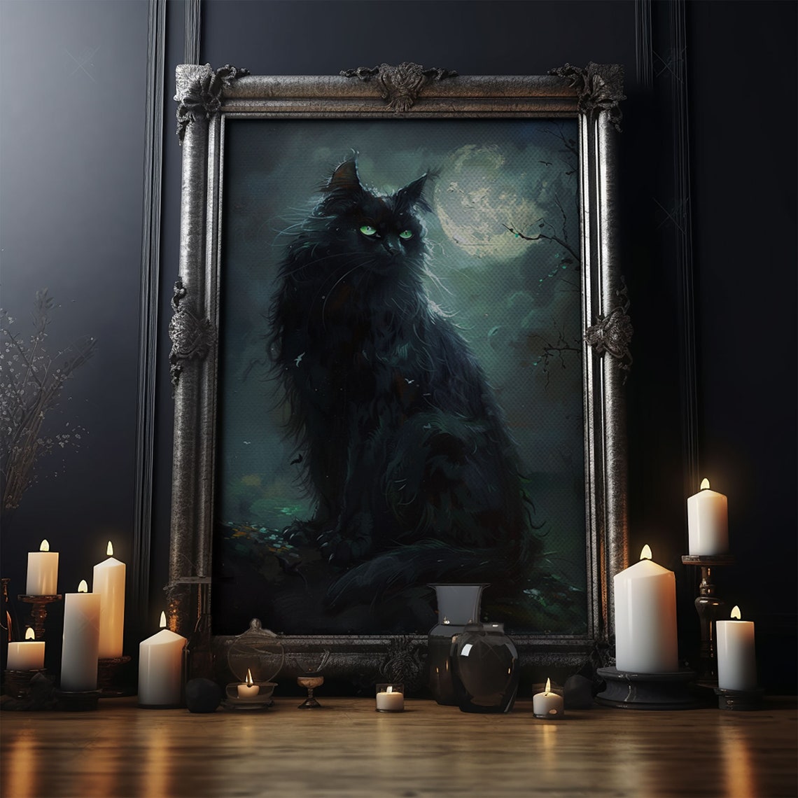 Sinister Black Cat With Glowing Green Eyes Under Full Moon Poster - Image 5