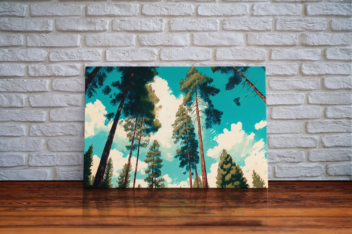 Pine Tree Forest And Blue Skies Framed Print Beautiful Wall Art Living Room Wall Decor Pine Cone Tree