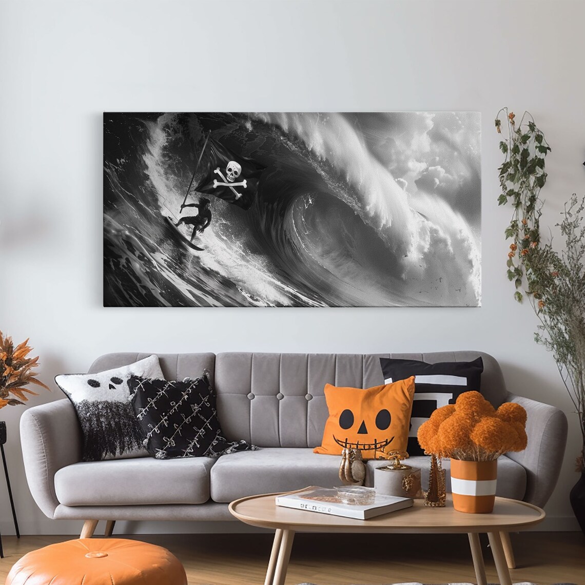 Surfer Riding Giant Wave With Skull Pirate Flag Black White Photo Print - Image 6