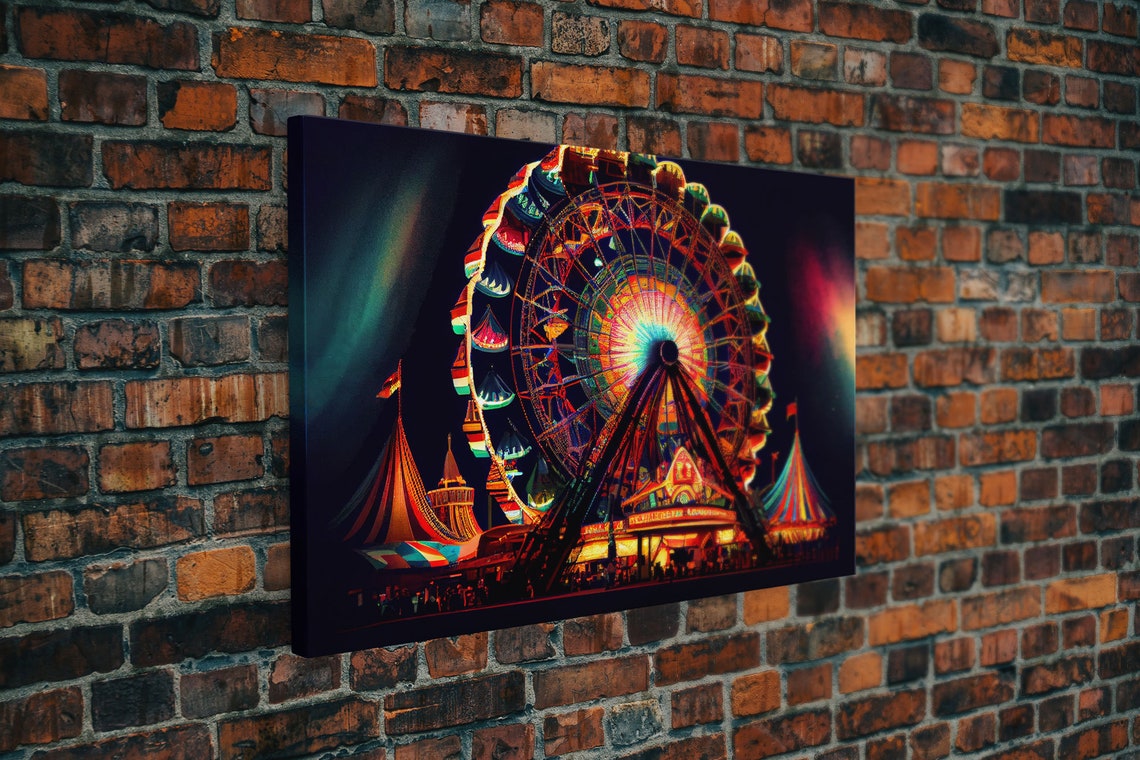 Neon Ferris Wheel Carnival Lights Night Sky Amusement Poster