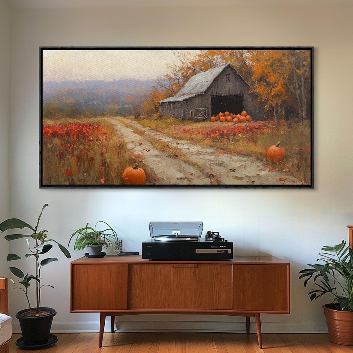 Country Farmhouse Autumn Harvest Barn Pumpkins Dirt Road Orange Foliage Poster - Image 2