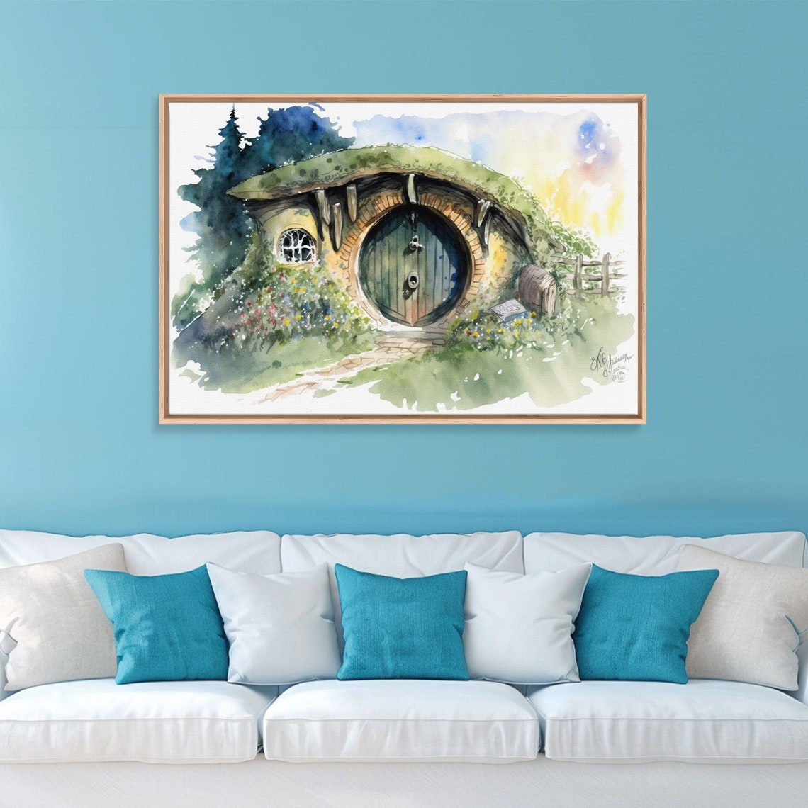 Round Door Hobbit Style Burrow House Watercolor Fantasy Garden Print - Image 6