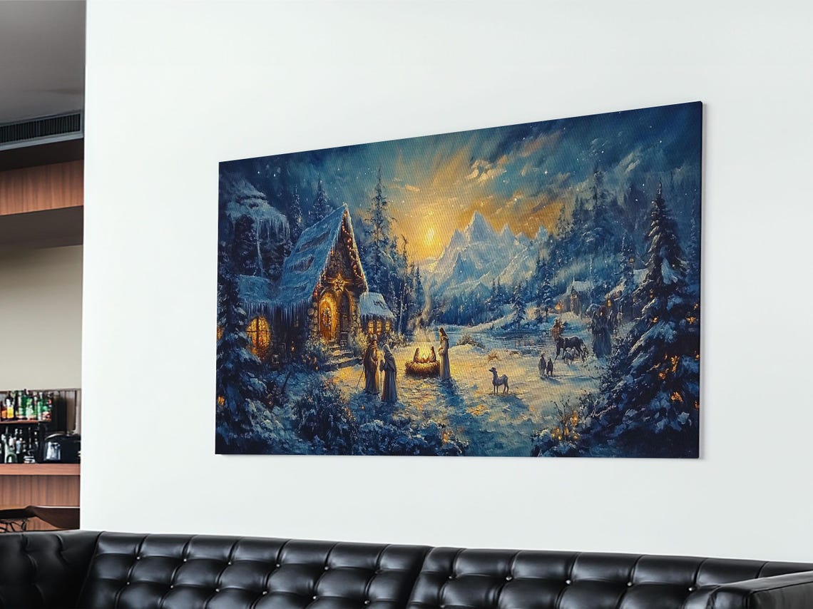 Christmas Nativity Scene Snowy Night Chapel Mountains Starry Art Print - Image 6