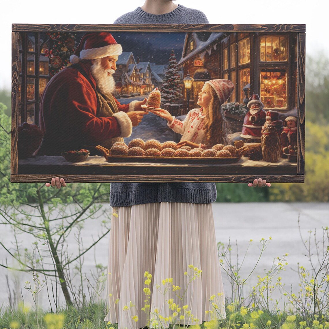 Santa Claus Handing Cake To Little Girl At Christmas Market Poster - Image 2