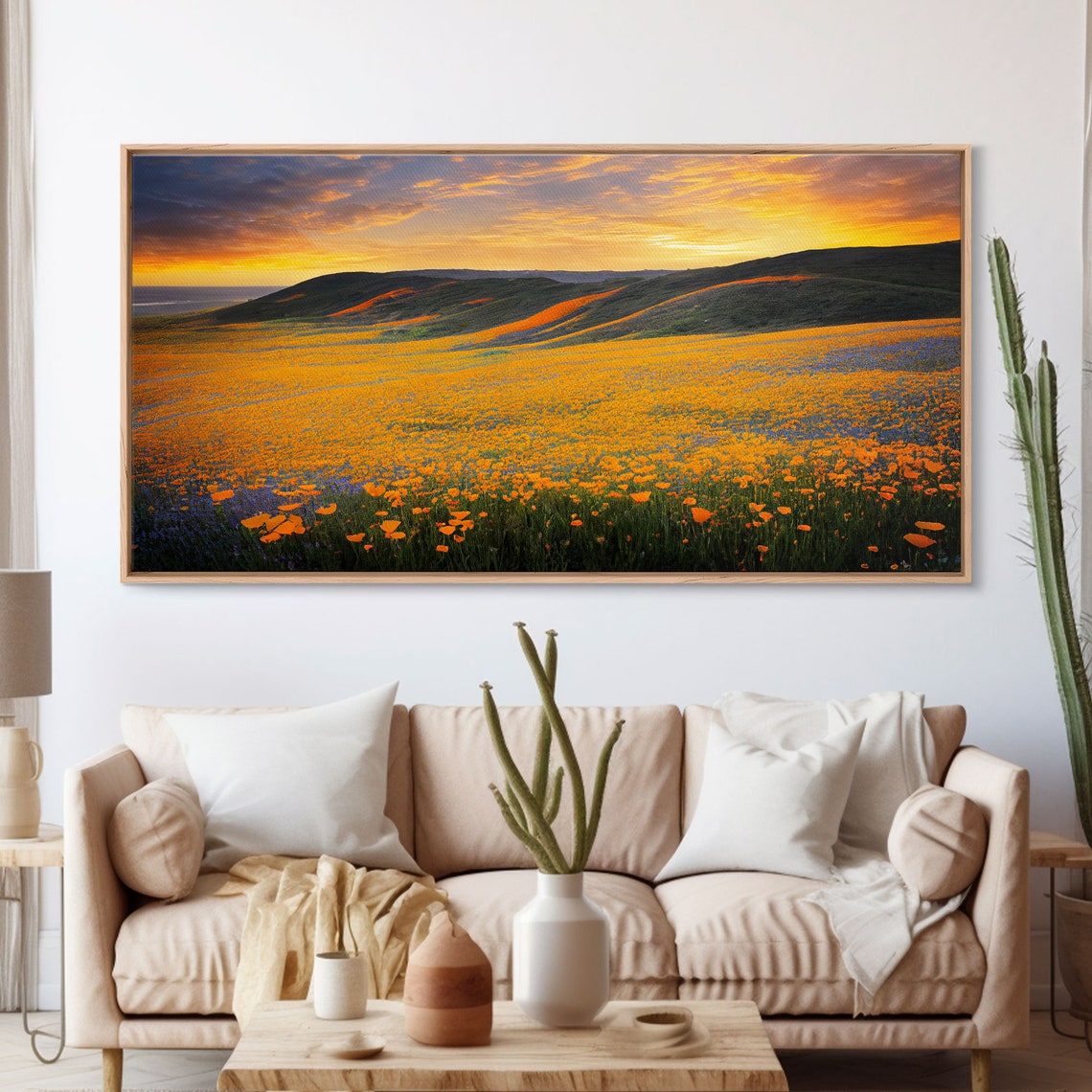 Orange Poppy Field Rolling Hills At Sunset Golden Hour Panorama Print - Image 3