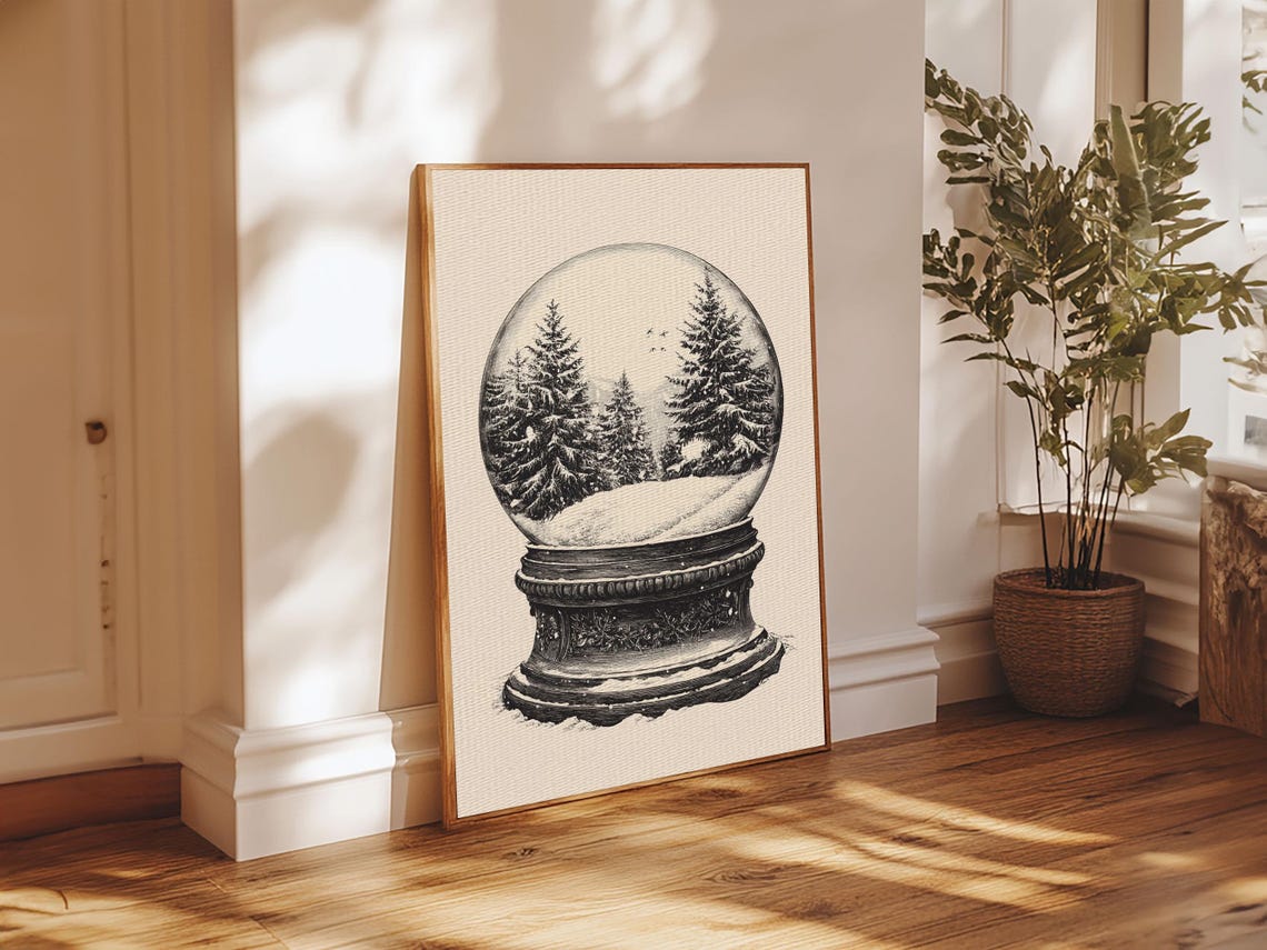 Vintage Snow Globe With Pine Trees Black Sketch Christmas Art Poster - Image 2