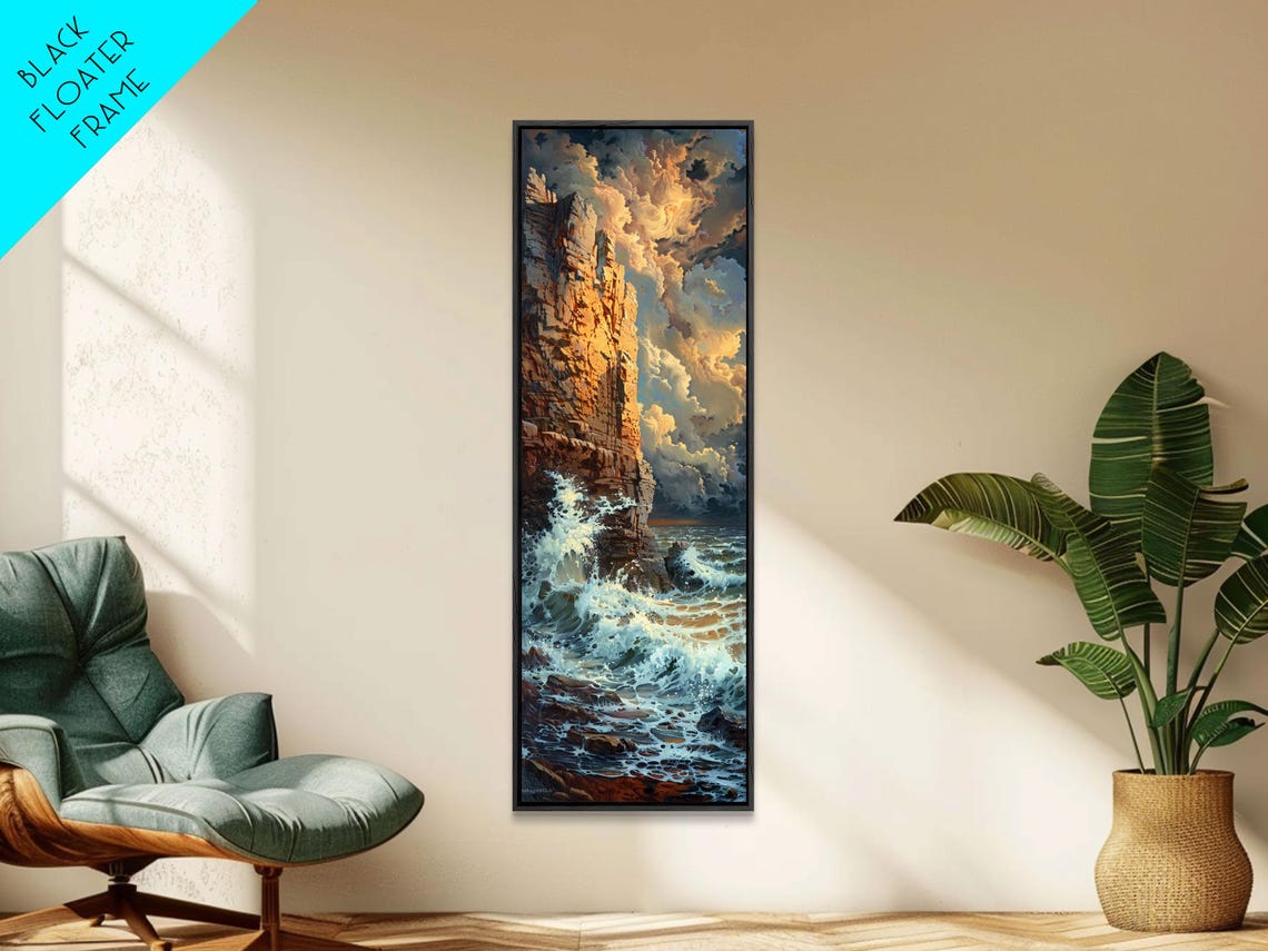 Majestic Coastal Cliff Crashing Waves Dramatic Cloudy Sky Poster