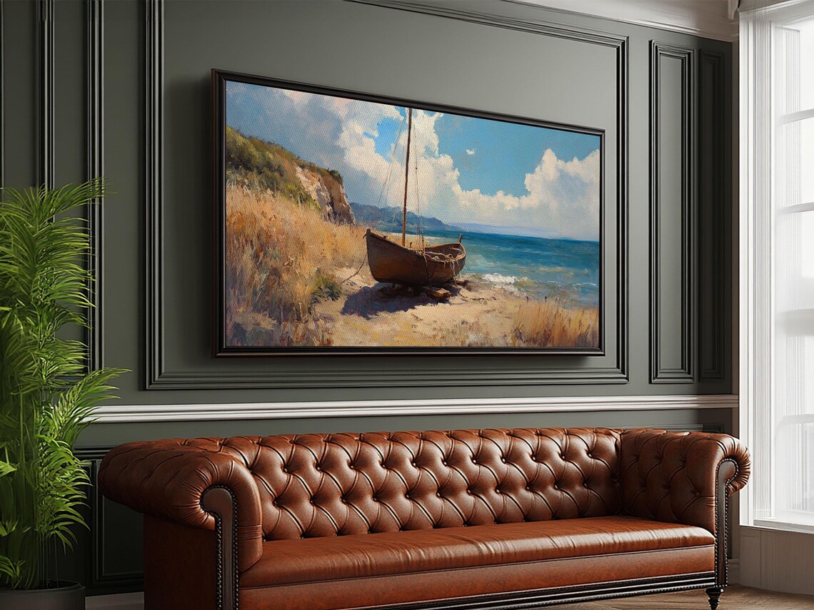 Wooden Sailboat Beached Coastal Shore Blue Sea Painting Travel Poster - Image 3