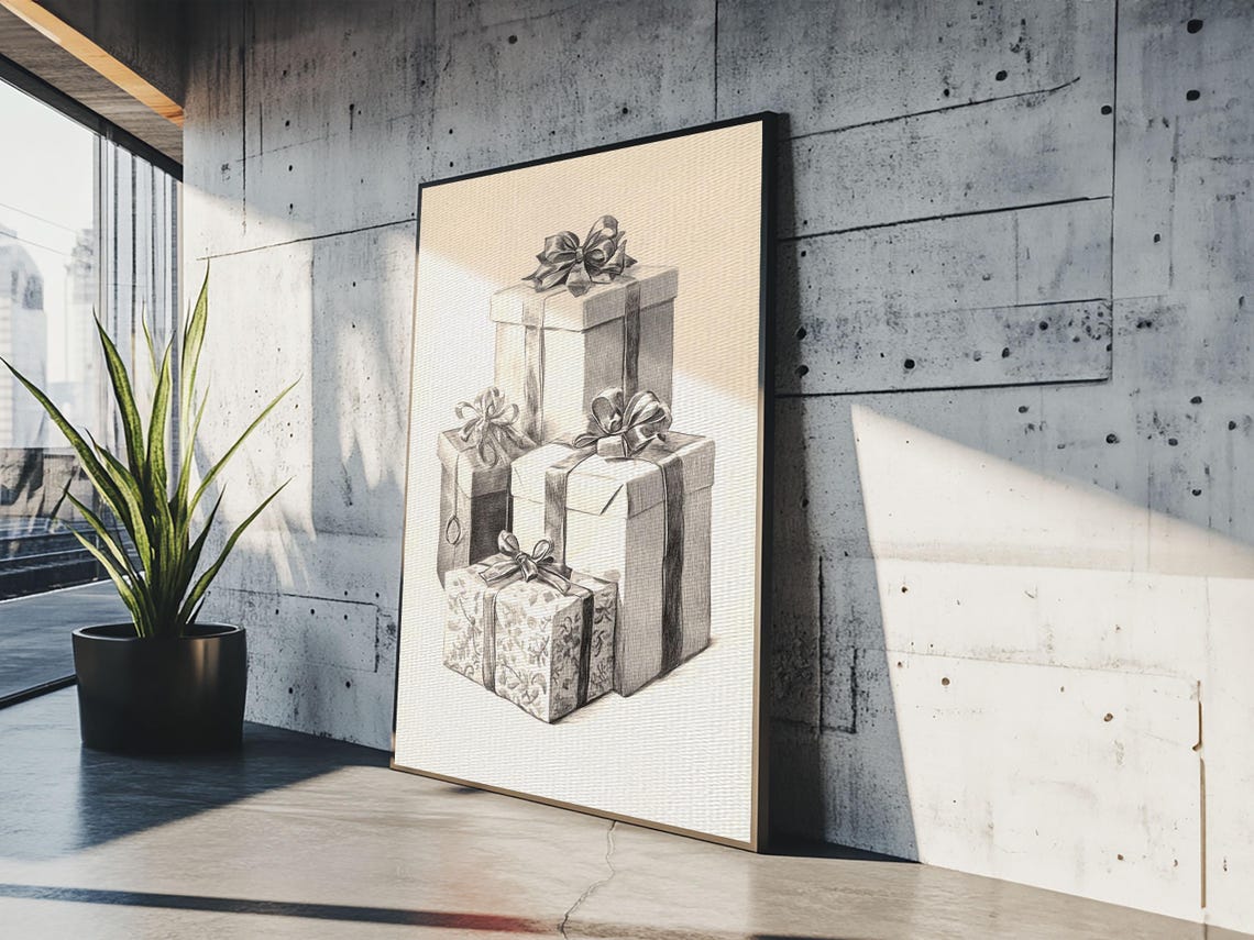 Christmas Gifts Sketch Minimalist Holiday Gift Boxes Pencil Art Poster - Image 3