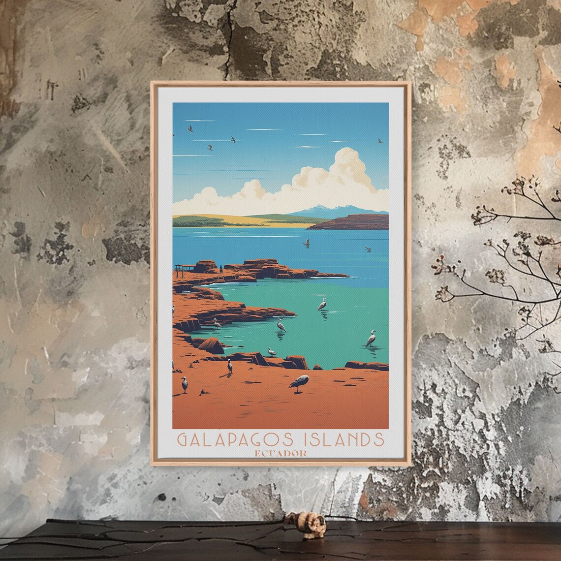 Galapagos Islands Ecuador Rocky Shore Seabirds Bay View Travel Poster - Image 6