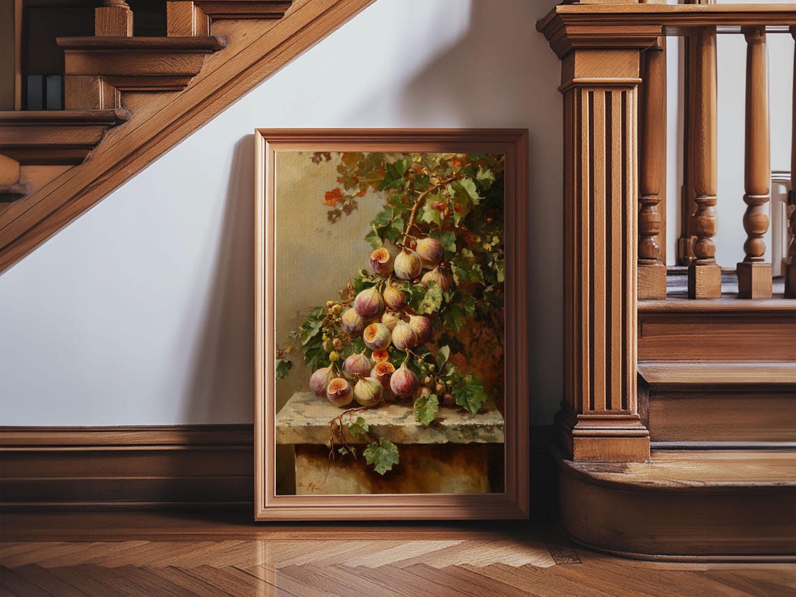Ripe Figs on the Vine Still Life Oil Painting Kitchen Wall Art Print - Image 4