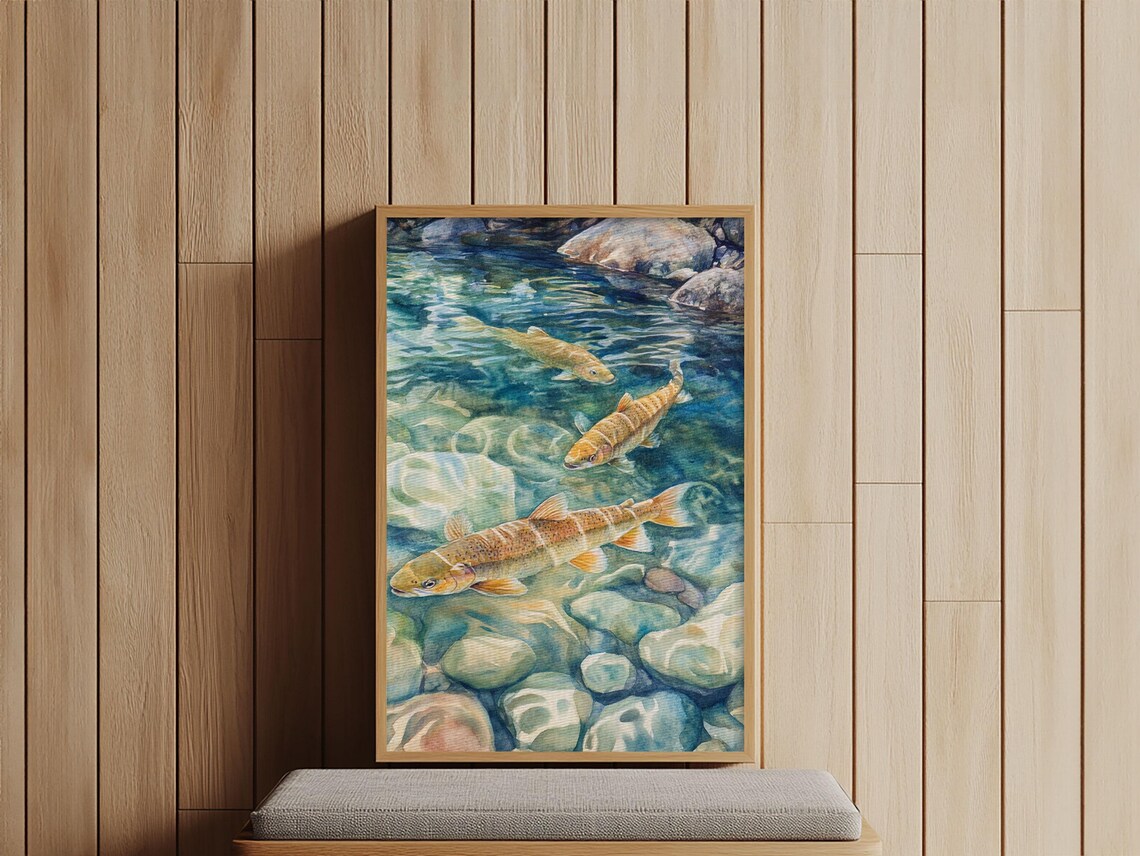 Gentle Swimming Trout Rustic Living Room Art Print - Image 4
