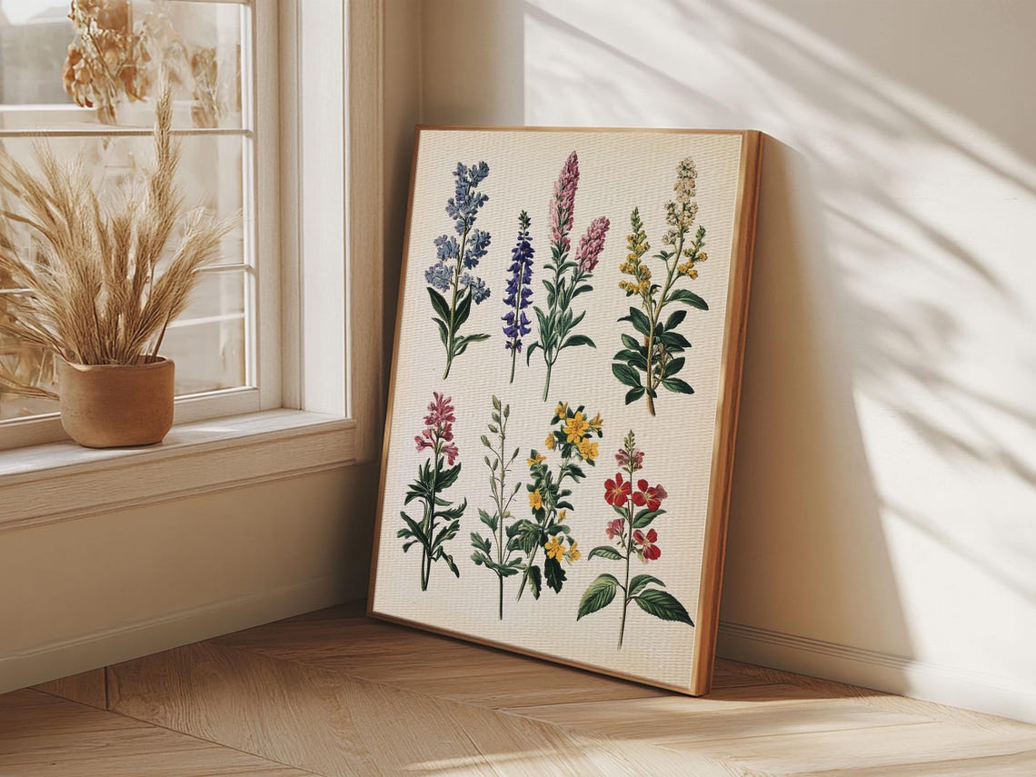 Vintage Wildflower Botanical Illustration Eight Stems Art Print