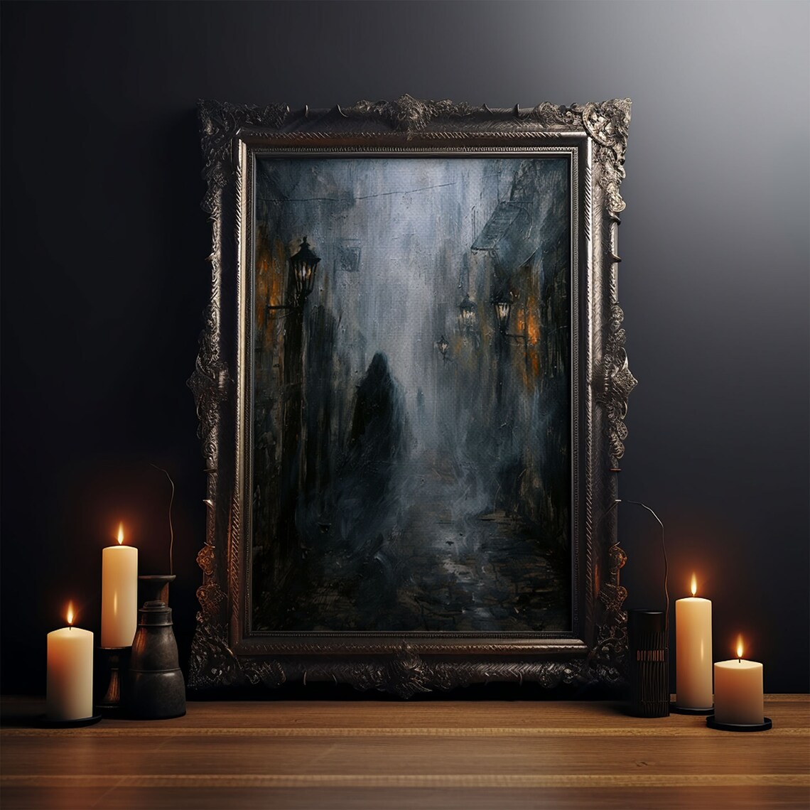 Hooded Figure In Misty Victorian Alley Spooky Foggy Night Art Poster - Image 4